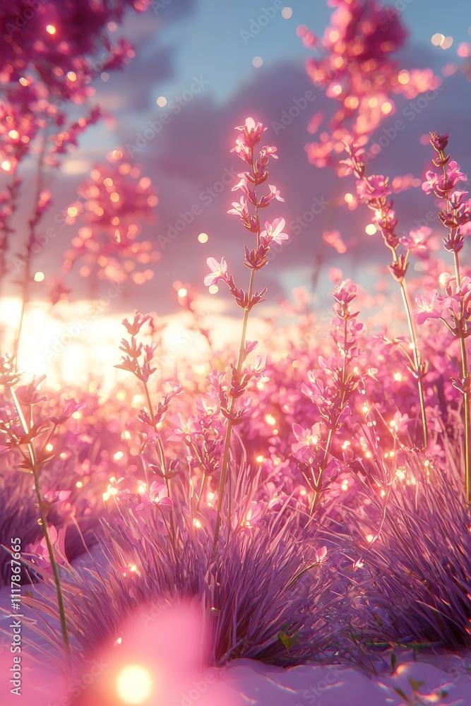 Obraz premium A vibrant field of pink flowers illuminated by soft sunlight, creating a dreamy, ethereal atmosphere.