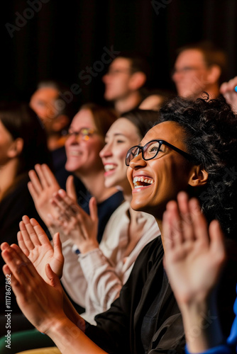 A group of people are clapping and smiling at a performance