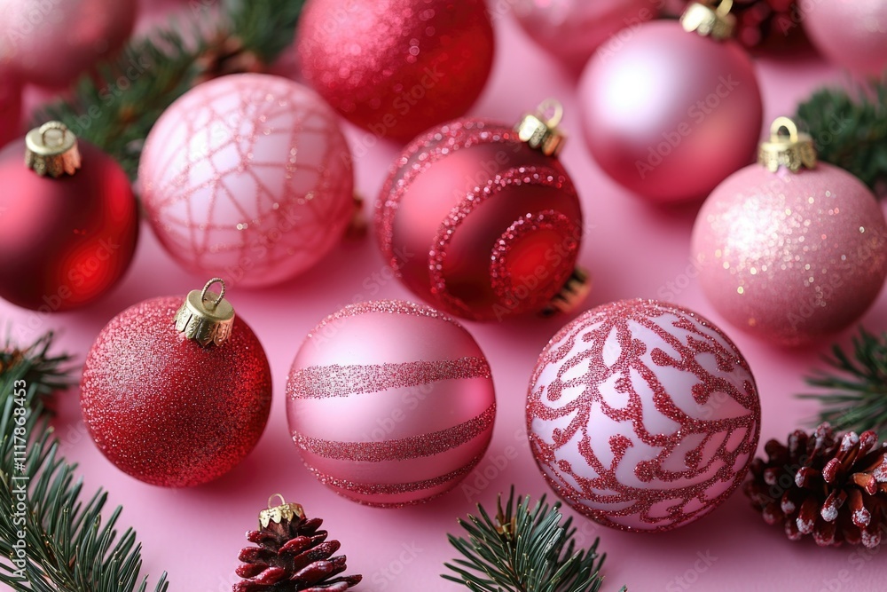 A collection of red and pink Christmas ornaments on a pink surface A collection of red and pink Christmas ornaments on a pink surface