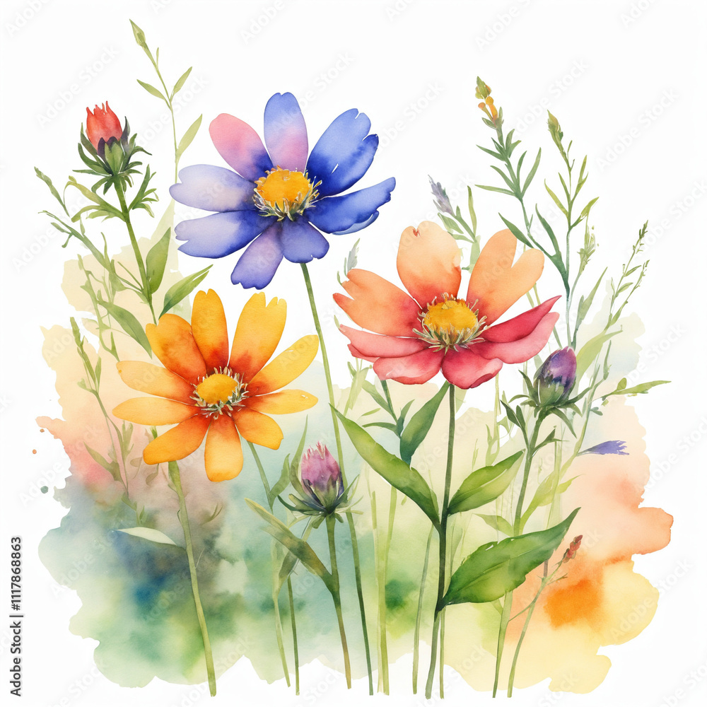 Watercolor Painting of Vibrant Wildflowers Isolated on a White Background, Elegant Floral Art