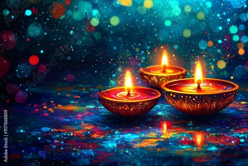 Three colorful oil lamps glowing softly, casting a warm ambiance amidst a sparkling backdrop of bokeh lights.