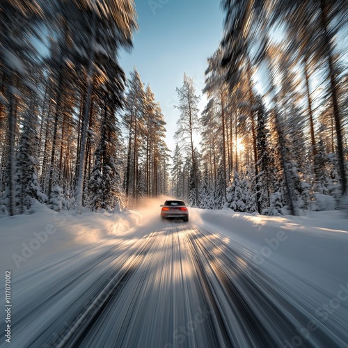 Car on Snowy Winter Road Through Forest, Low Angle Perspective. AI generated illustration