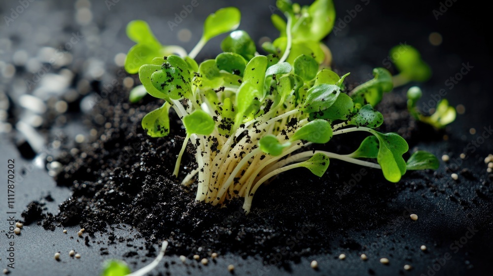 A detailed view of young plant growth emerging from the ground A detailed view of young plant growth emerging from the ground