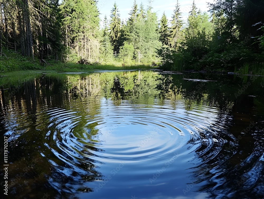 A serene forest pond reflecting trees and ripples on the water surface. A serene forest pond reflecting trees and ripples on the water surface.