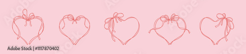 Bow heart ribbon frame drawing. Wedding, save the date vintage design element. Cute line coquette romantic vector illustration. French patisserie style. Filigree victorian background
