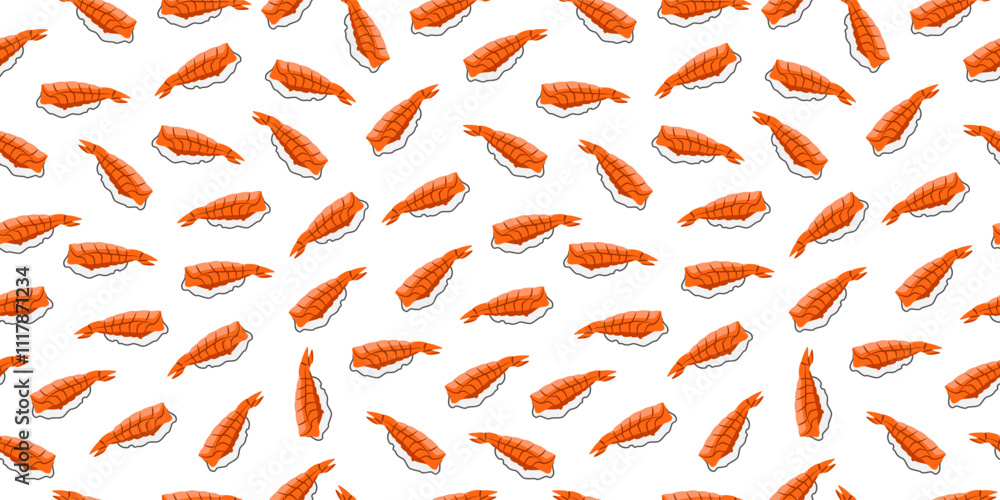 Fototapeta premium Sushi seamless pattern background. Nigiri with rice balls and salmon raw fish. Japanese food wallpaper Vector ilustration