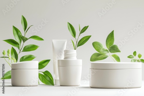 Minimalistic skincare products with green leaves, showcasing natural beauty and eco-friendly branding. photo