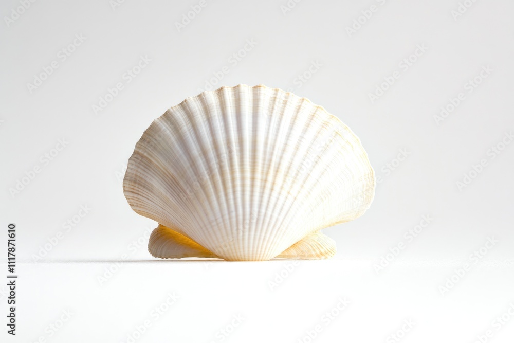A single white shell sits on a plain white surface A single white shell sits on a plain white surface