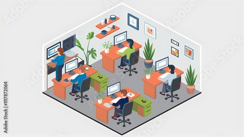 Isometric office setup with employees working