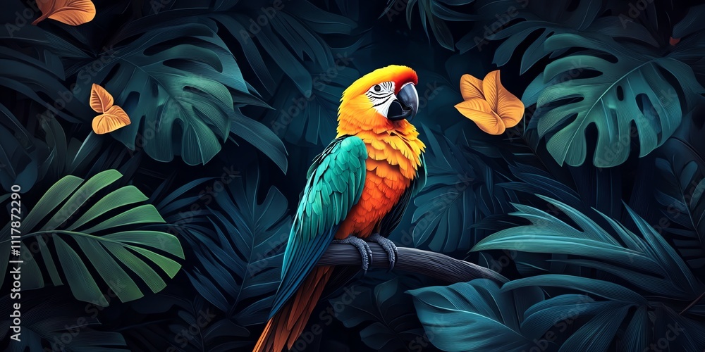 Obraz premium A vibrant parrot perched amidst lush tropical foliage and butterflies.