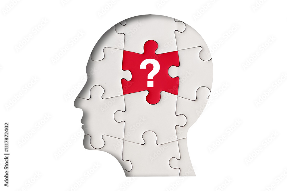 Human head puzzle with question mark on white background. Mental health and problems with memory. Human head puzzle with question mark on white background. Mental health and problems with memory.