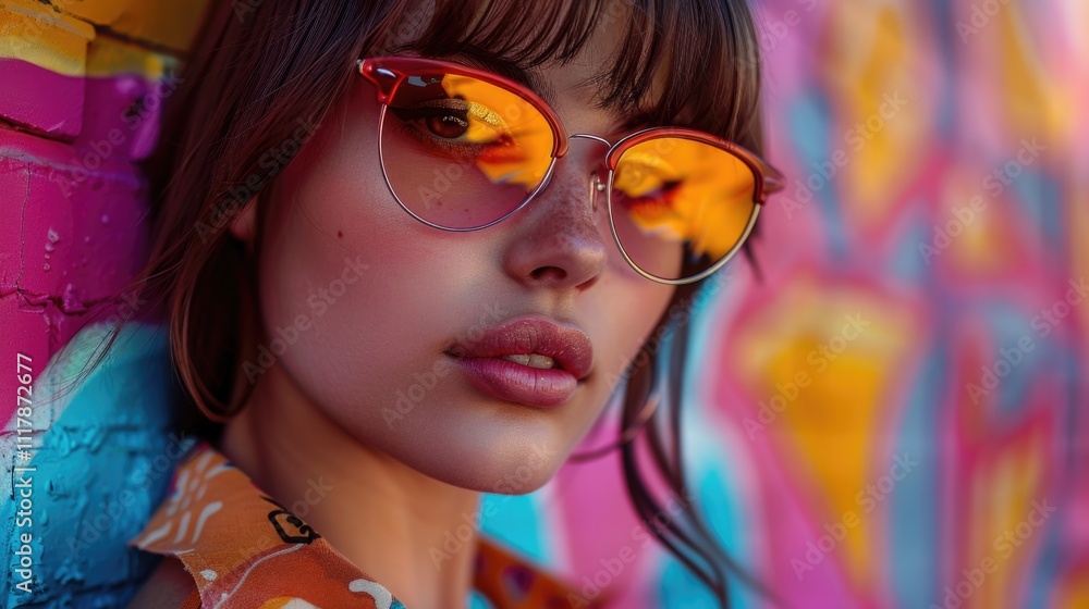 A woman stands in front of a vibrant wall, wearing trendy sunglasses A woman stands in front of a vibrant wall, wearing trendy sunglasses