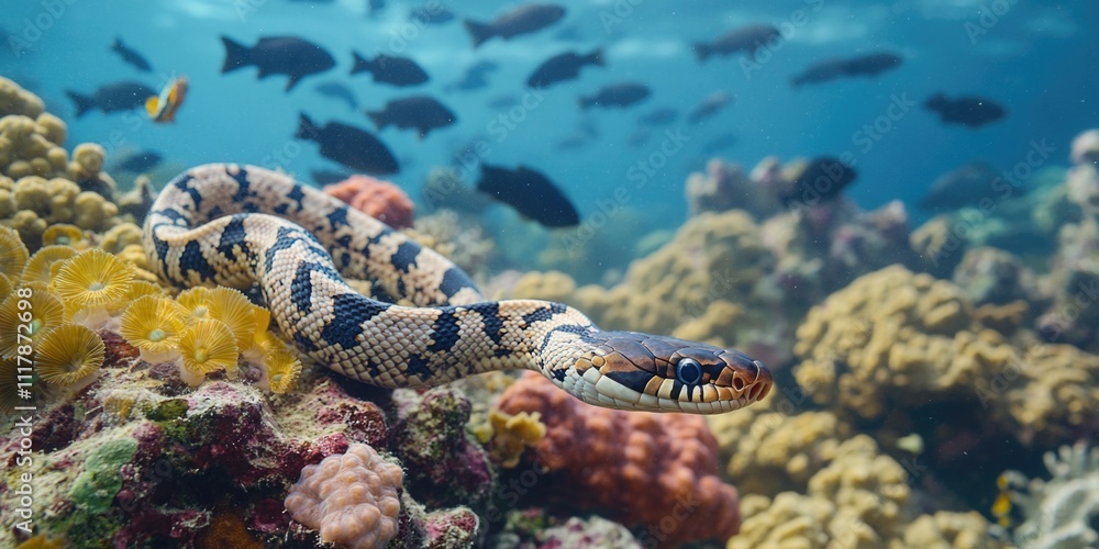 Obraz premium A snake lies on a colorful coral reef, surrounded by marine life