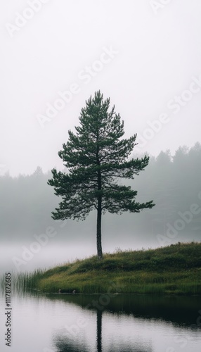 Majestic lone tree rising above a serene foggy lakeside landscape at dawn, nature s tranquility. photo