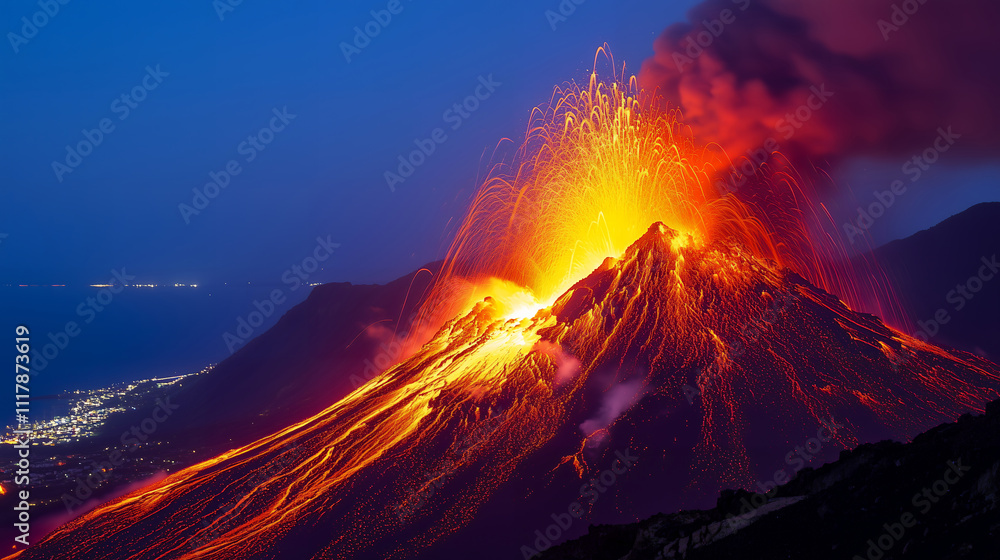 Volcano Erupting at Night, Lava Flowing Down Mountain Volcano Erupting at Night, Lava Flowing Down Mountain