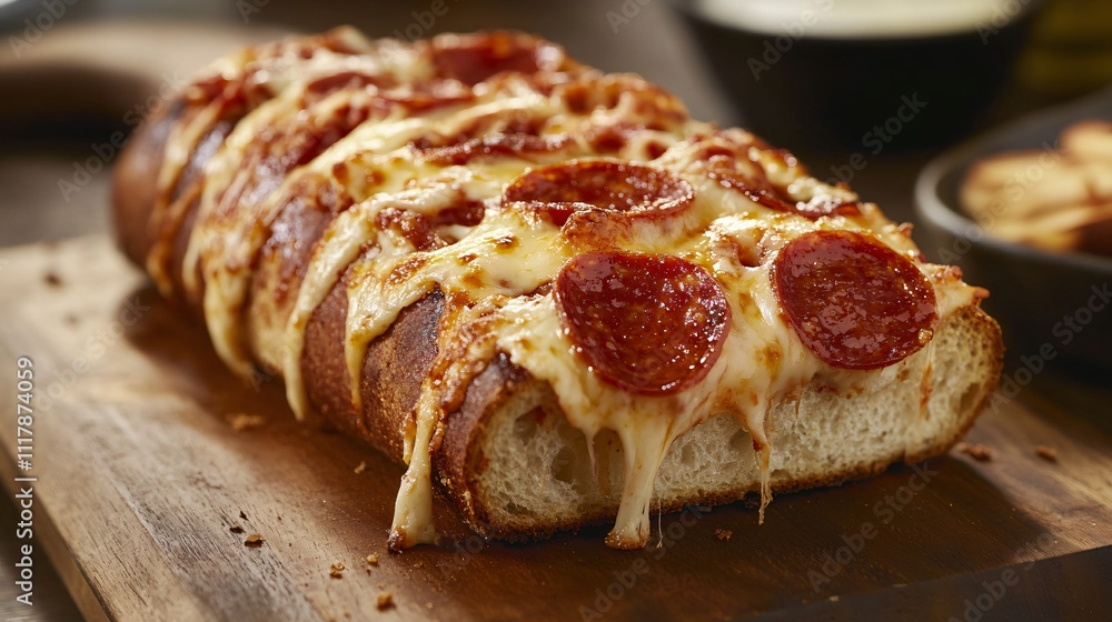 A close up of freshly baked pepperoni bread, with melted cheese oozing out, styled on a rustic wooden cutting board A close up of freshly baked pepperoni bread, with melted cheese oozing out, styled on a rustic wooden cutting board