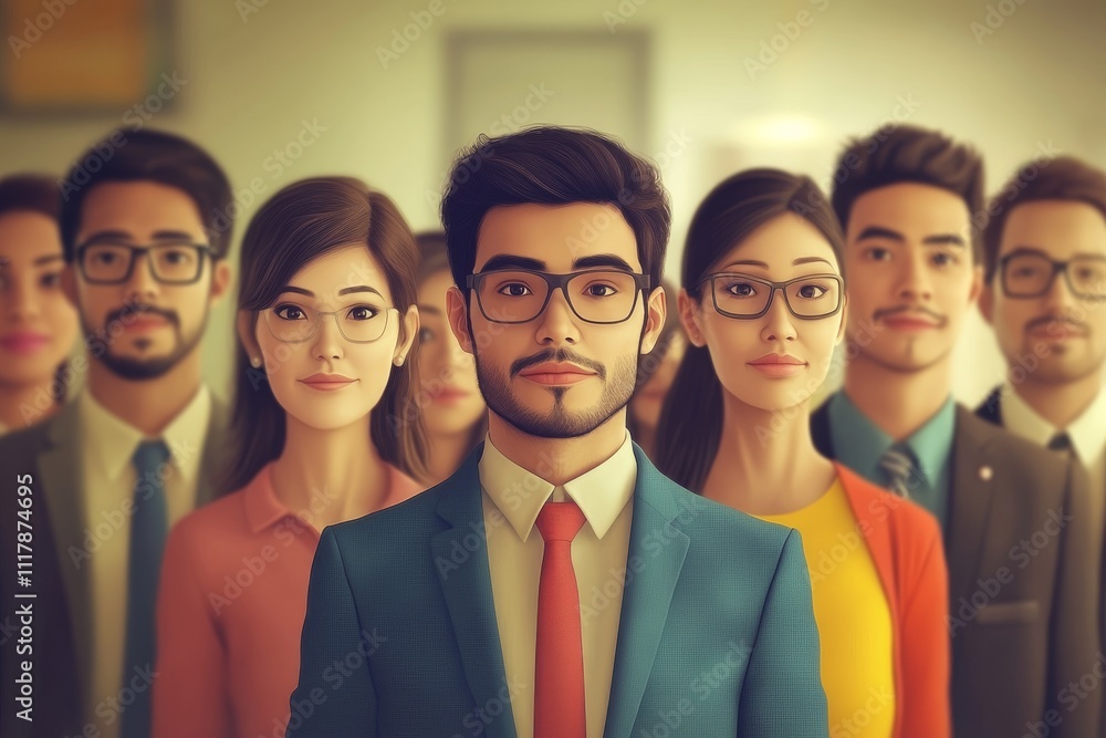 Fototapeta premium A diverse group of professionals, including two women and four men, standing confidently in a modern office setting.