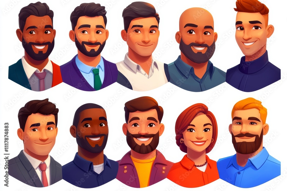 Diverse group of male and female characters showcasing a range of hairstyles and styles, expressing confidence. Diverse group of male and female characters showcasing a range of hairstyles and styles, expressing confidence.
