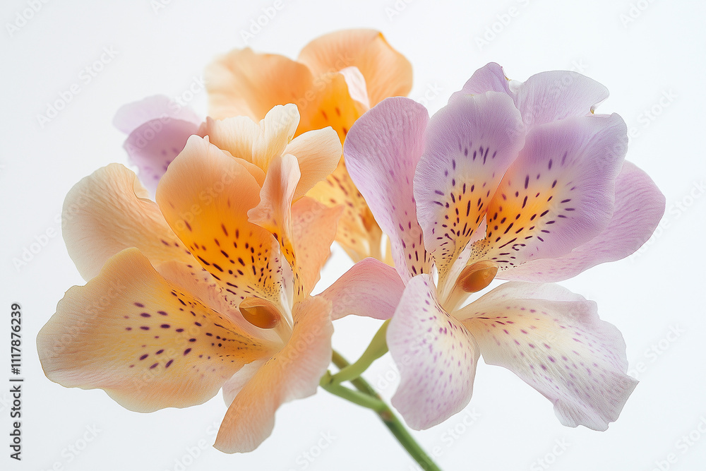 A close-up of an orchid bouquet, with one flower in shades of peach and another in lavender against a white background. A close-up of an orchid bouquet, with one flower in shades of peach and another in lavender against a white background.