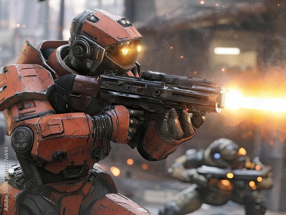 Orange combat mech fires weapon; blurry enemy. Orange combat mech fires weapon; blurry enemy.