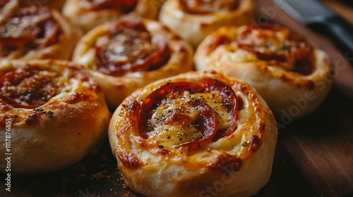 Close up shot of pepperoni bread rolls with gooey cheese, placed on a dark wooden table with a knife