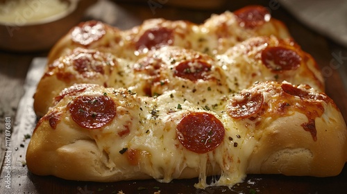 Close up shot of pepperoni bread rolls with gooey cheese, placed on a dark wooden table with a knife