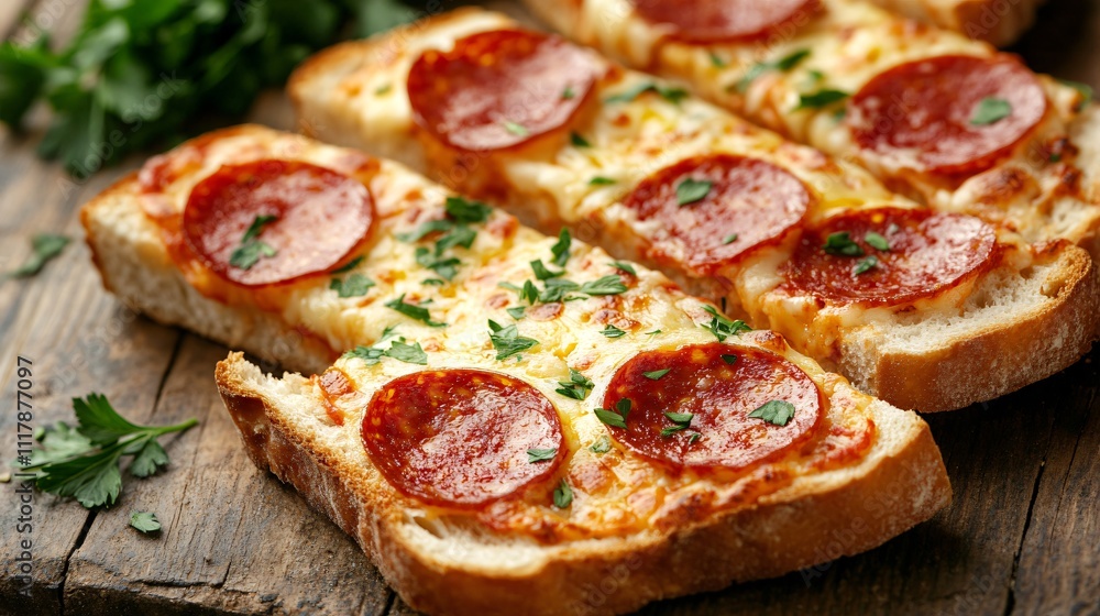Close up shot of pepperoni bread slices with melted cheese, styled on a rustic table with fresh parsley Close up shot of pepperoni bread slices with melted cheese, styled on a rustic table with fresh parsley