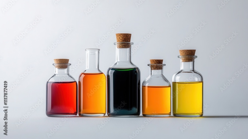 chemical reagents in glass bottles and jars, placed on a light, neutral-colored background chemical reagents in glass bottles and jars, placed on a light, neutral-colored background