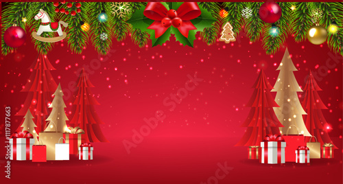 Poster Podium With Cristmas Fir Tree And Holly Berry