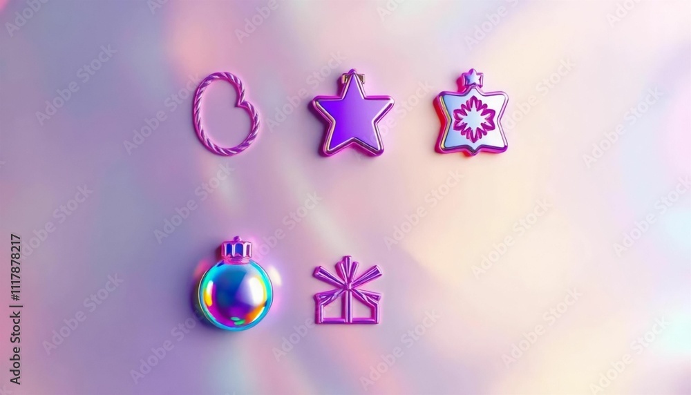 Abstract iridescent colored festive Christmas icons. Holographic neon foil design elements Abstract iridescent colored festive Christmas icons. Holographic neon foil design elements