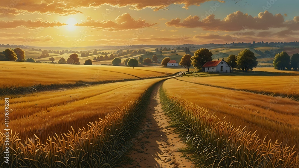 Fototapeta premium Vibrant countryside field with golden sunlight and warm earthy textures.