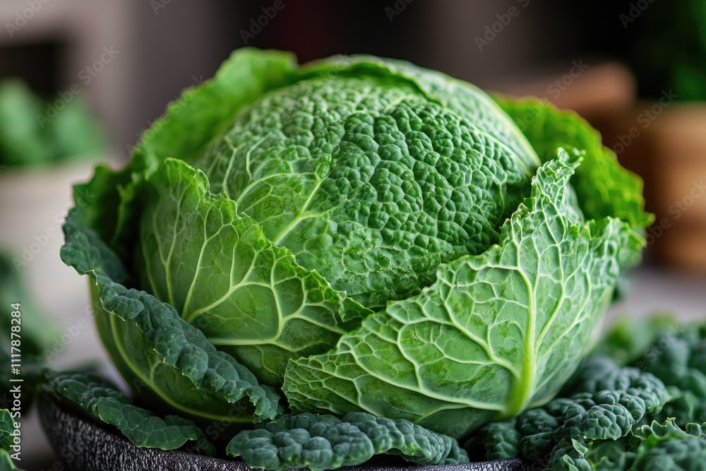Fototapeta premium A close-up shot of a head of cabbage sitting on a table
