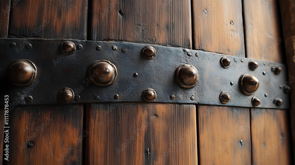 An intricate detailed view of a wooden door featuring large metal studs, highlighting the blend of rustic and sturdy design elements in historical architecture. An intricate detailed view of a wooden door featuring large metal studs, highlighting the blend of rustic and sturdy design elements in historical architecture.