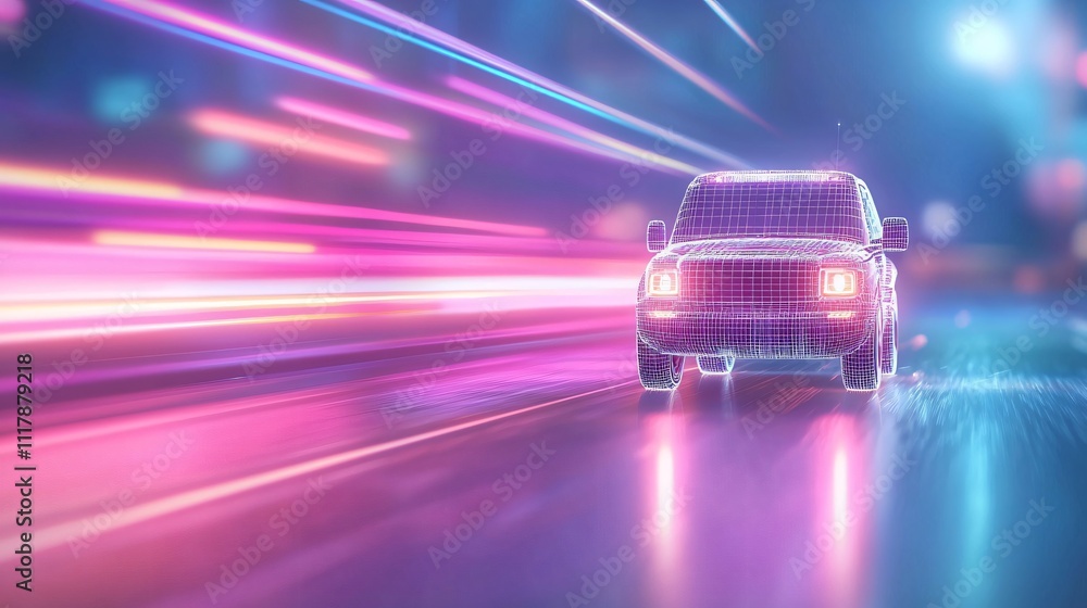 Car speeding through neon-lit city streets at night Car speeding through neon-lit city streets at night