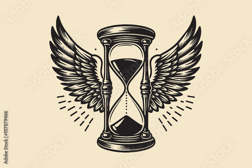 Hourglass with wings. Vintage vector engraving illustration, emblem, logo, print. Cut out, isolated	