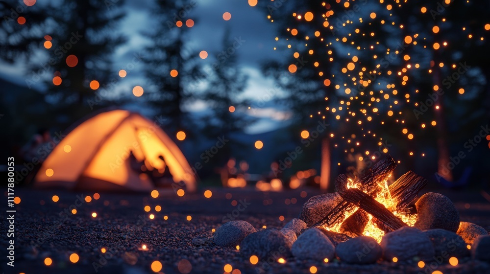 The campfire's flames rise into the night sky, illuminating a blurry tent and the people sitting around it at a peaceful campsite. The campfire's flames rise into the night sky, illuminating a blurry tent and the people sitting around it at a peaceful campsite.