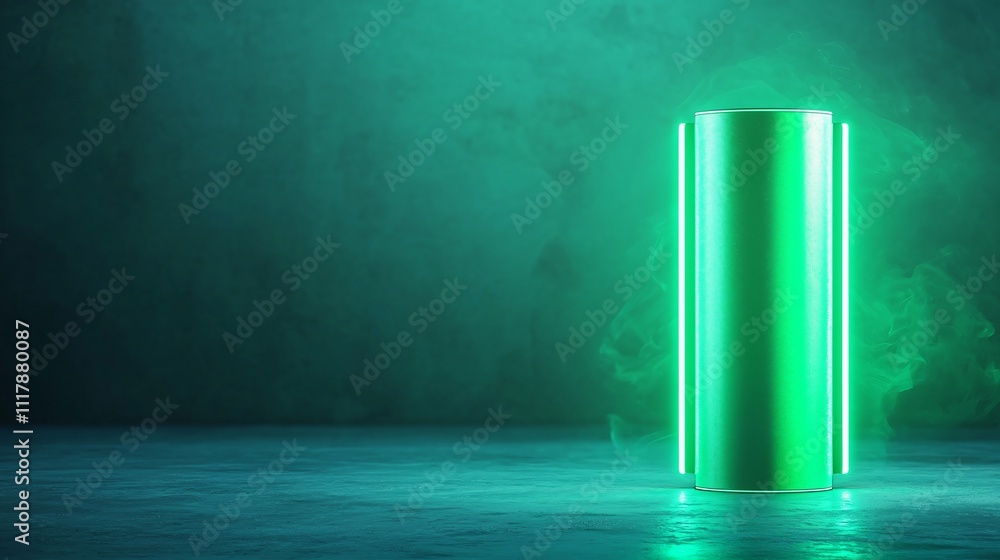 Neon green battery in a dark, misty environment. Neon green battery in a dark, misty environment.