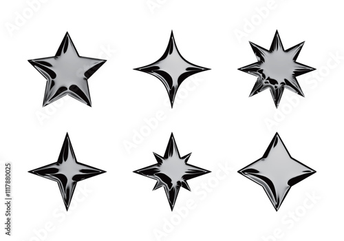 A set of 3D stereoscopic stars and starburst shapes illustrations in shiny silver color with metal and chrome texture.