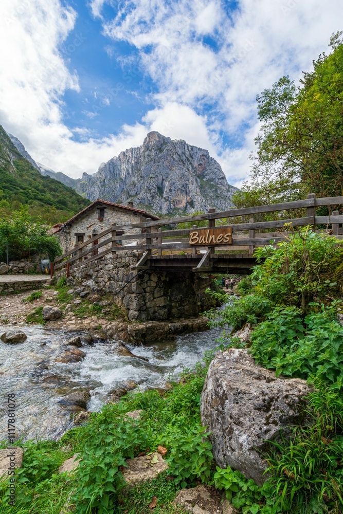 Scenic view of Bulnes with mountains in Asturias. Scenic view of Bulnes with mountains in Asturias.