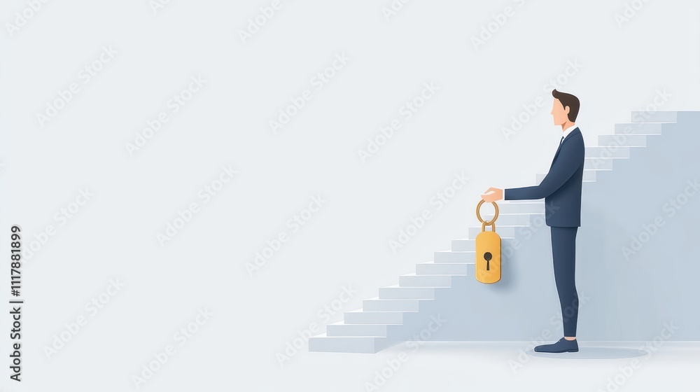 Unlock financial and freedom, A businessman stands beside stairs holding a large padlock, symbolizing security and opportunity. Unlock financial and freedom, A businessman stands beside stairs holding a large padlock, symbolizing security and opportunity.
