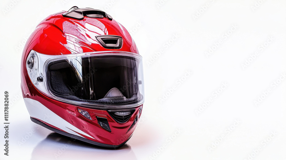 Sleek red motorcycle helmet with aerodynamic design, featuring a glossy finish and clear visor, set against a clean white background for a striking appearance.