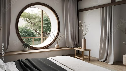 Minimalist Bedroom with Circular Window Overlooking a Zen Garden

 photo