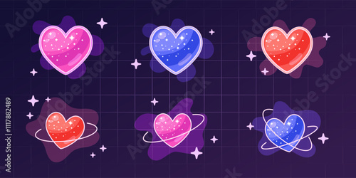 Glowing heart stickers, y2k shapes with frames. hears, stars, spacial elements and liquid moving. Retro graphic design elements. Vector illustration.