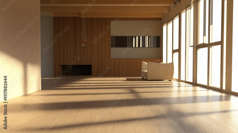 Obraz premium Großzügiges, minimalistisches Luxus-Wohnzimmer mit hohen Decken, Designer-Möbeln und raumhohen Fenstern, schafft elegante Atmosphäre durch Licht und Raum