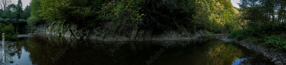 panorama with the river in the mountains on an autumn day panorama with the river in the mountains on an autumn day