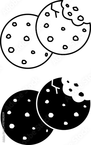 Cookie Icons. Black and White Vector Illustrations. Sweet Pastry, Bitten Cookie. Tasty Food. Fast Food Concept