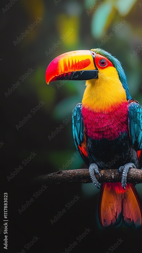 Obraz premium A vibrant toucan perched on a branch, showcasing its colorful plumage against a blurred background.