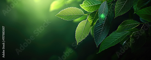 Close-up view of vibrant green leaves illuminated by soft natural light. © PBMasterDesign