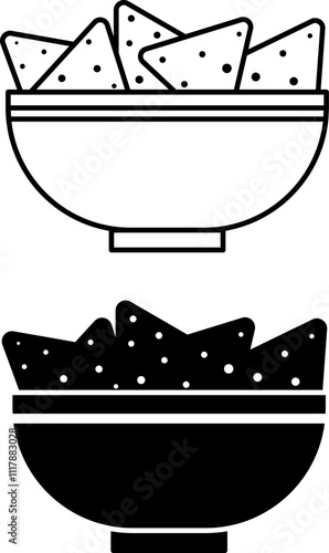 Nachos Icons. Black and White Vector Illustration. Corn Chips in a Plate. Mexican Cuisine Snack, Tasty Food. Fast Food Concept