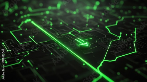 Here's a and keyword list for your image.. Glowing green circuit board with data stream.